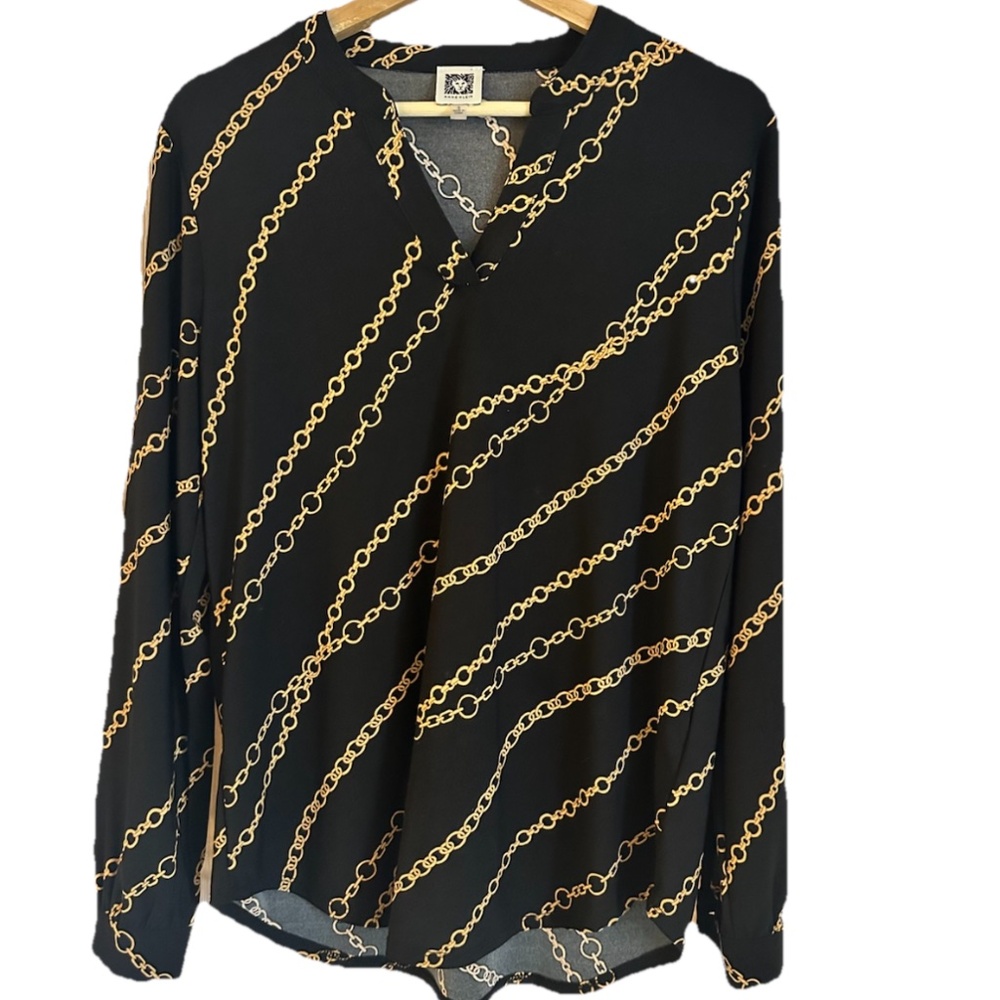 Anne Klein Black Blouse with Gold Chain Print